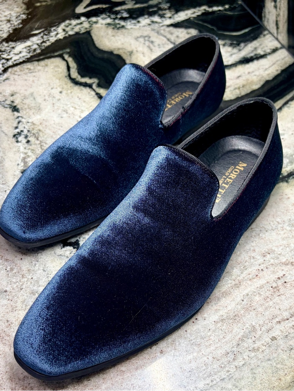 Moretti Gold Label Navy Blue Velvet Smoking Slippers Loafers Men’s 10 NWOT